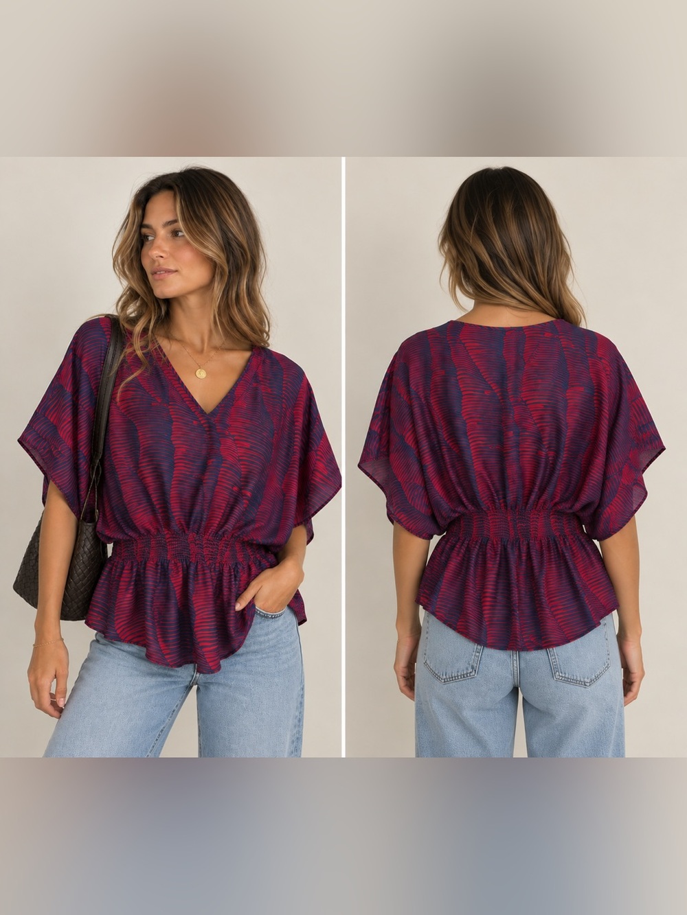 Parker Smocked Kimono Style Dolman Sleeve Red Blue Blouse Top Fish Wave Print